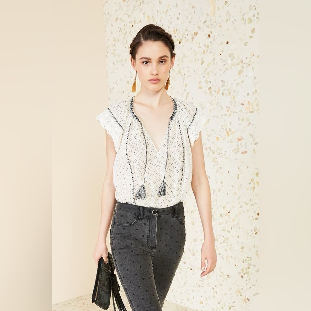 Ulla Johnson White Eyelet Tassel V-Neck Blouse
